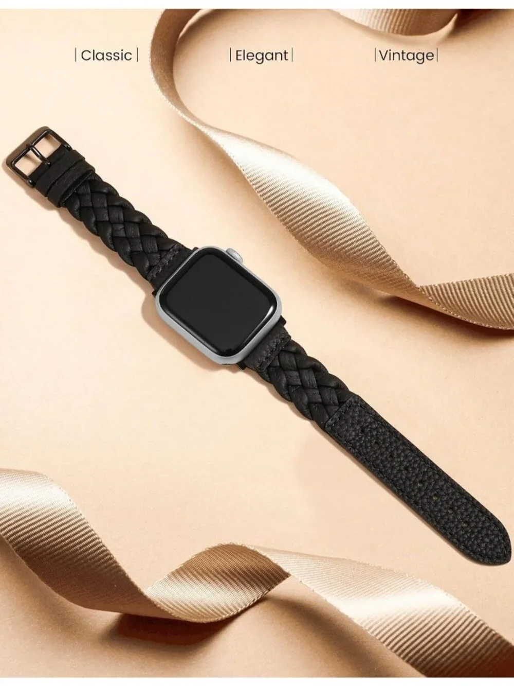 Women's Black Braided Leather Woven Strap Compatible with Apple Wrist Watch